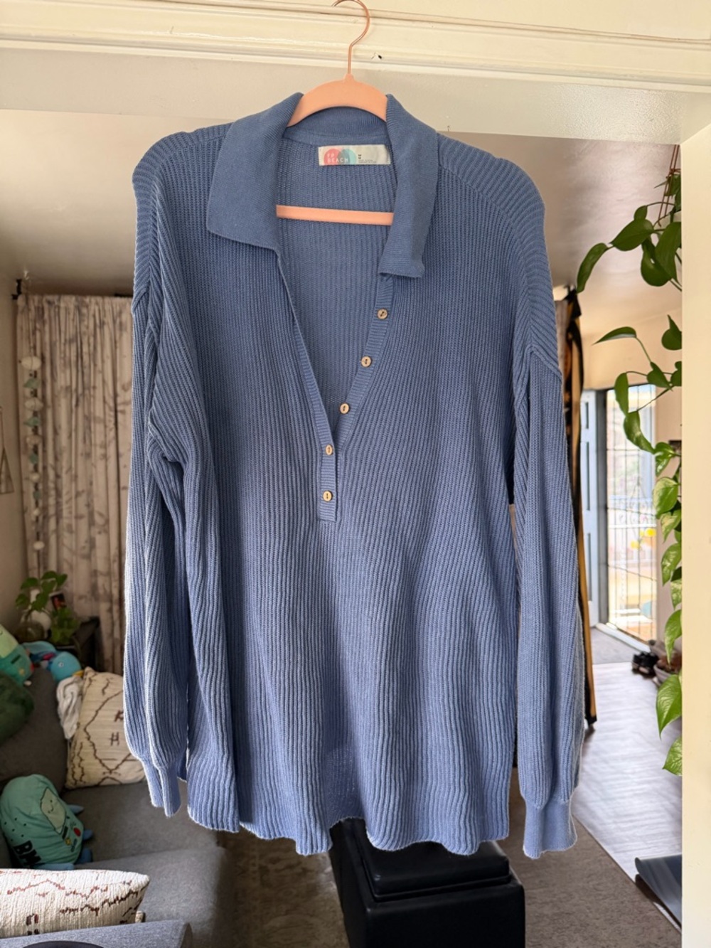 Free People FP Beach Blue Ribbed Polo Henley Sweater